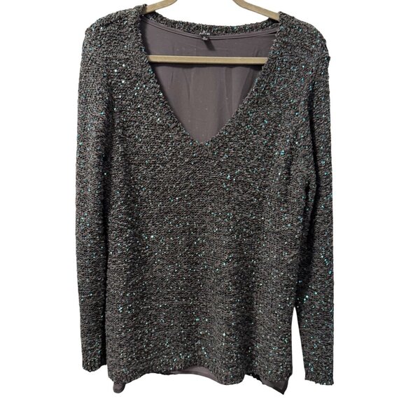 Apt. 9 blouse Sz  XL Gray Sequin V-Neck Long Sleeve Sweater With Sheer Underlaye - Picture 7 of 12